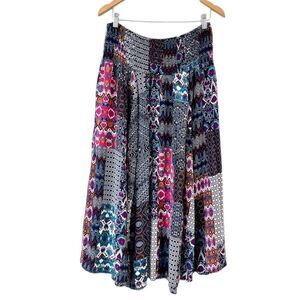 Keawa Boho Patchwork Midi Skirt Sz L/XL Elastic Waist Hippie Festival Gypsy